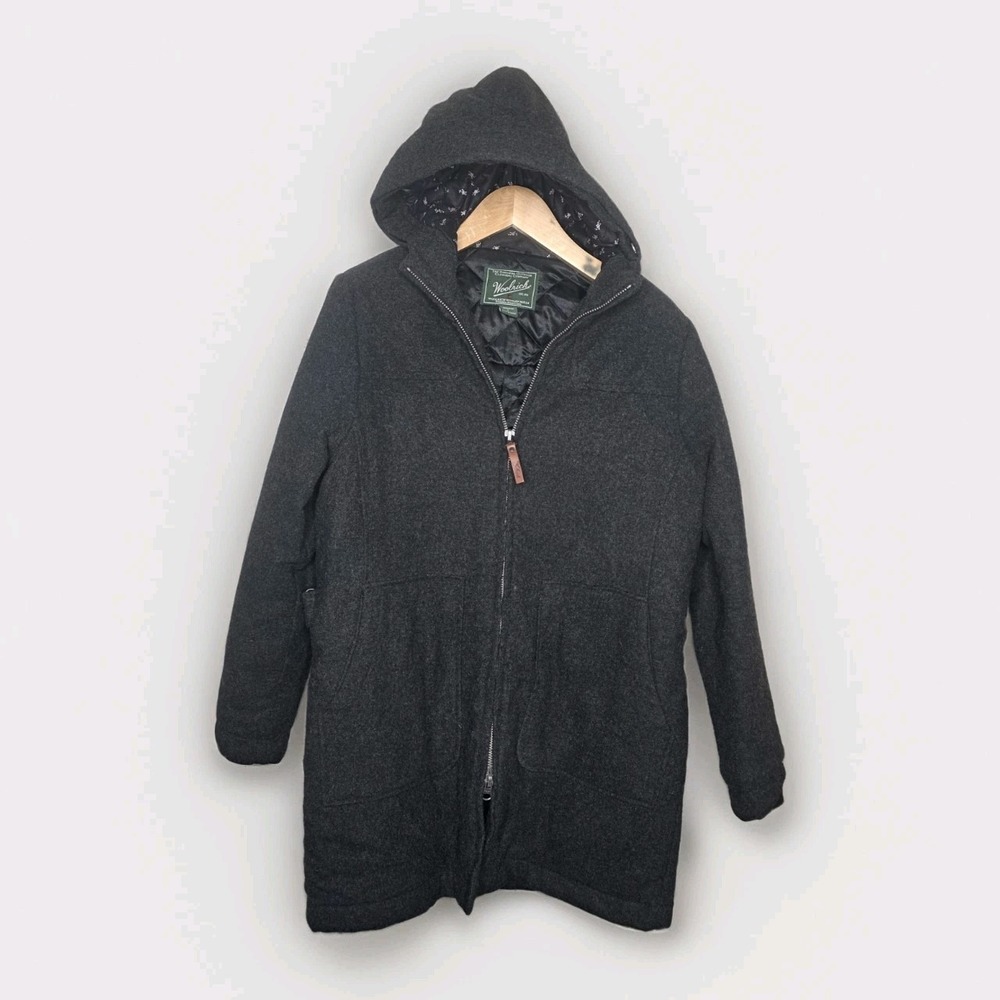 WOOLRICH Women's Coat Size L Wool Blend Black Long Full Zip Hooded Jacket